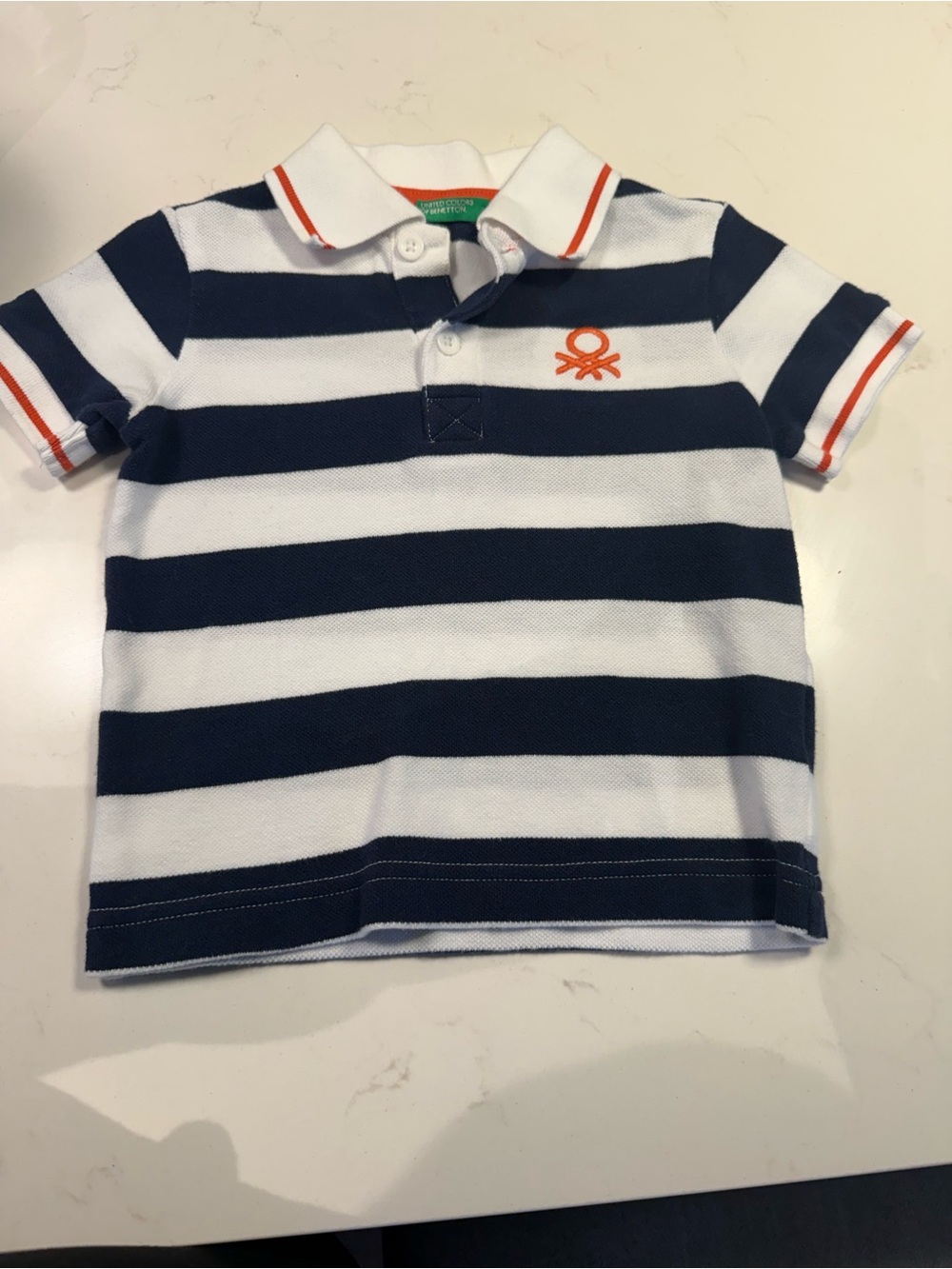 United Colors Of Benetton Navy & White Striped Polo with Orange Accent